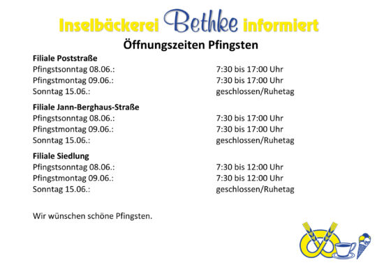 Öffnungszeiten zu Pfingsten
